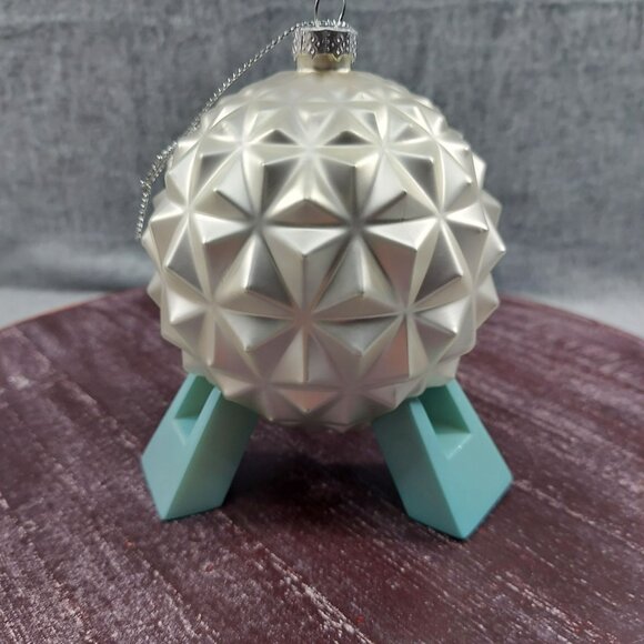 Epcot Spaceship Earth Ornament With Silver String & Aqua Stand - Picture 2 of 7